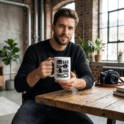 Eat Sleep PUBG Repeat Ceramic Coffee Mug 11oz Premium White Gaming Cup Gift for Gamers