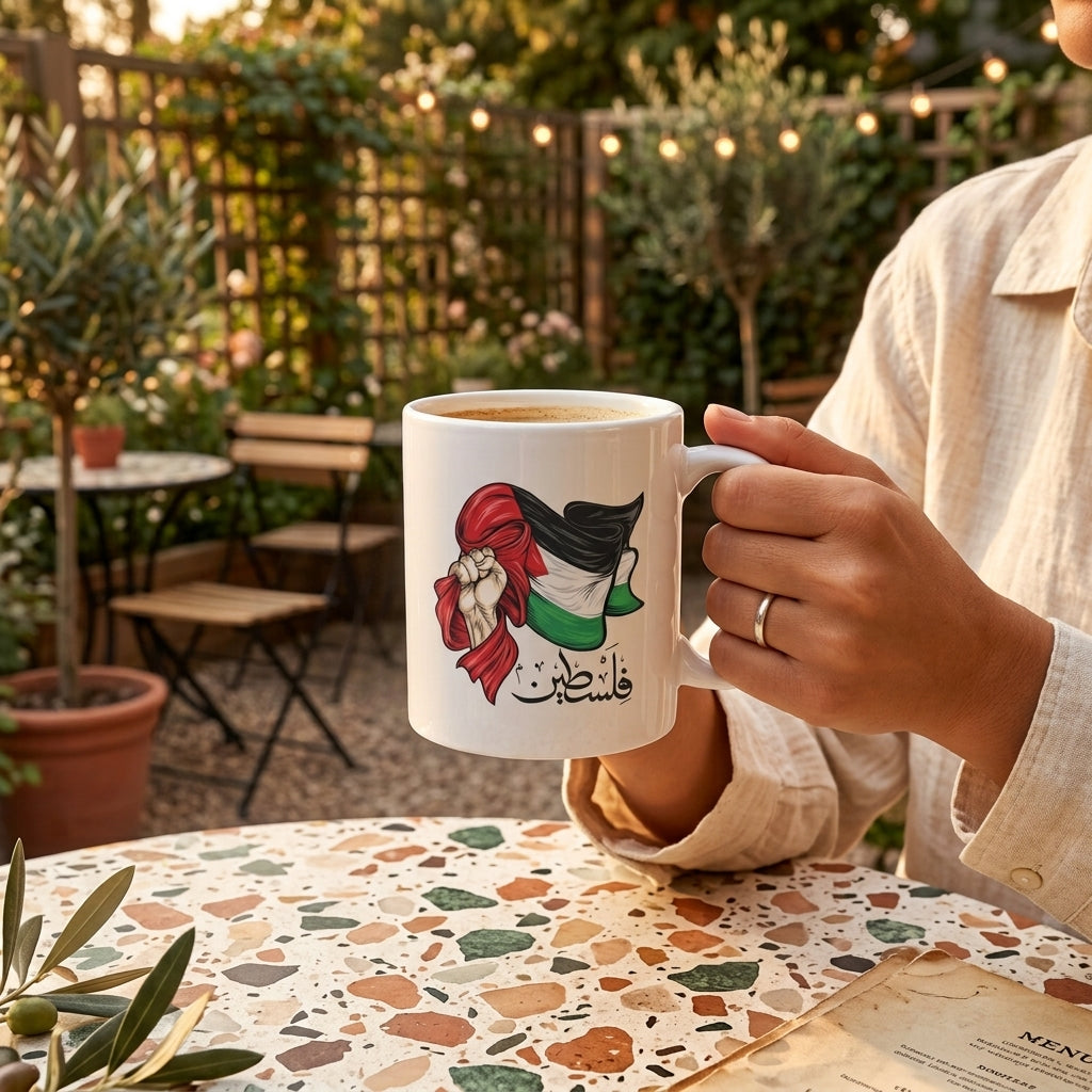 Palestinian Flag Raised Fist Art with Arabic Calligraphy White Ceramic Coffee Mug - Meaningful Solidarity Graphic Drinkware Cup (11oz)