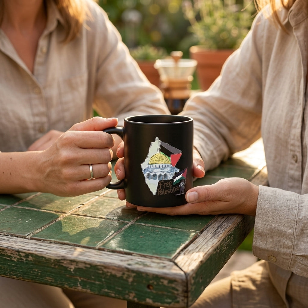 Free Palestine Dome of the Rock Map Artwork Black Ceramic Coffee Mug - Meaningful Cultural Graphic Drinkware Cup (11oz)