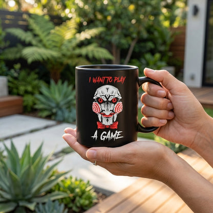 Billy The Puppet Saw Jigsaw "I Want To Play A Game" Black Ceramic Mug - Scary Halloween Horror Coffee Cup (11oz)