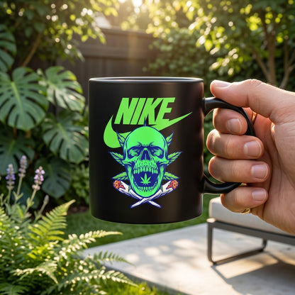 Neon Green Skull Cannabis Leaf Nike Parody Black Ceramic Mug - Edgy Trippy Streetwear Coffee Cup (11oz)