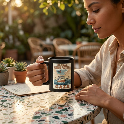 Global Sumud Flotilla Gaza Vintage Poster Artwork Black Ceramic Coffee Mug - Meaningful Solidarity Graphic Drinkware Cup (11oz)