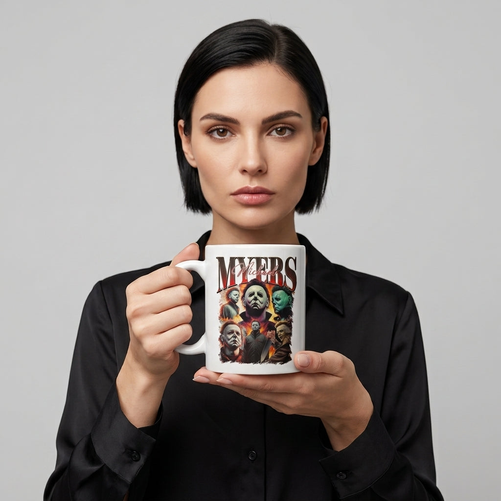 Michael Myers Vintage Bootleg Rap-Style Horror Collage White Ceramic Mug - Spooky Slasher Halloween Coffee Cup (11oz)