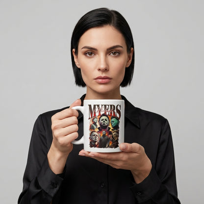 Michael Myers Vintage Bootleg Rap-Style Horror Collage White Ceramic Mug - Spooky Slasher Halloween Coffee Cup (11oz)