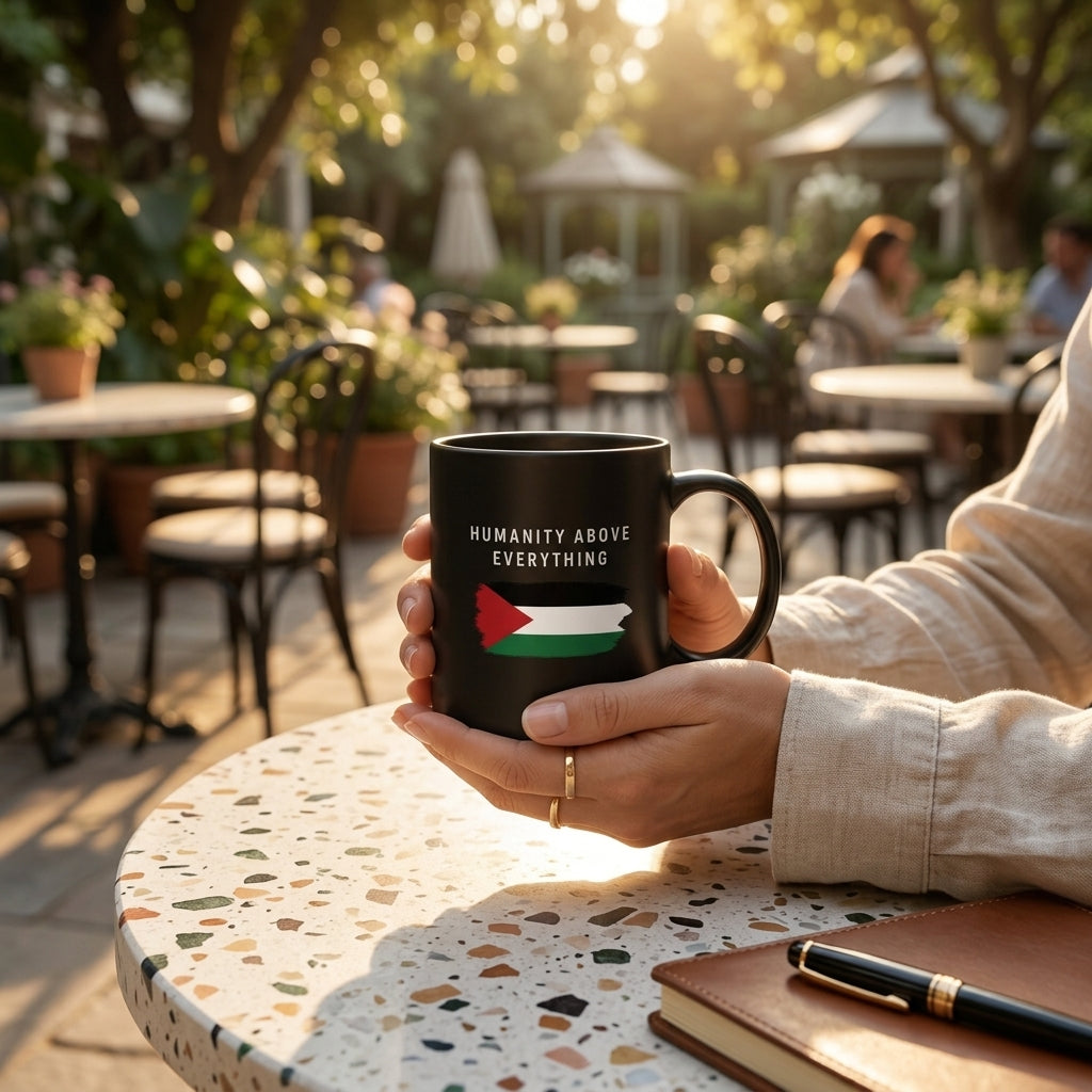 Humanity Above Everything Palestinian Flag Brushstroke Black Ceramic Coffee Mug - Meaningful Humanitarian Graphic Drinkware Cup (11oz)