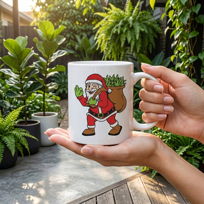 Funny Weed Santa Claus Carrying Cannabis Bag White Ceramic Mug - Ugly Christmas Sweater Stoner Coffee Cup (11oz)