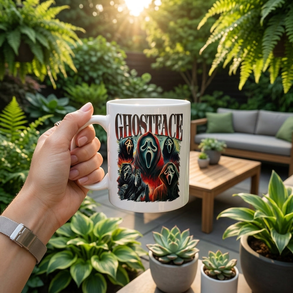 Ghostface Scream Classic Horror Movie Collage White Ceramic Mug - Spooky Vintage Halloween Coffee Cup (11oz)