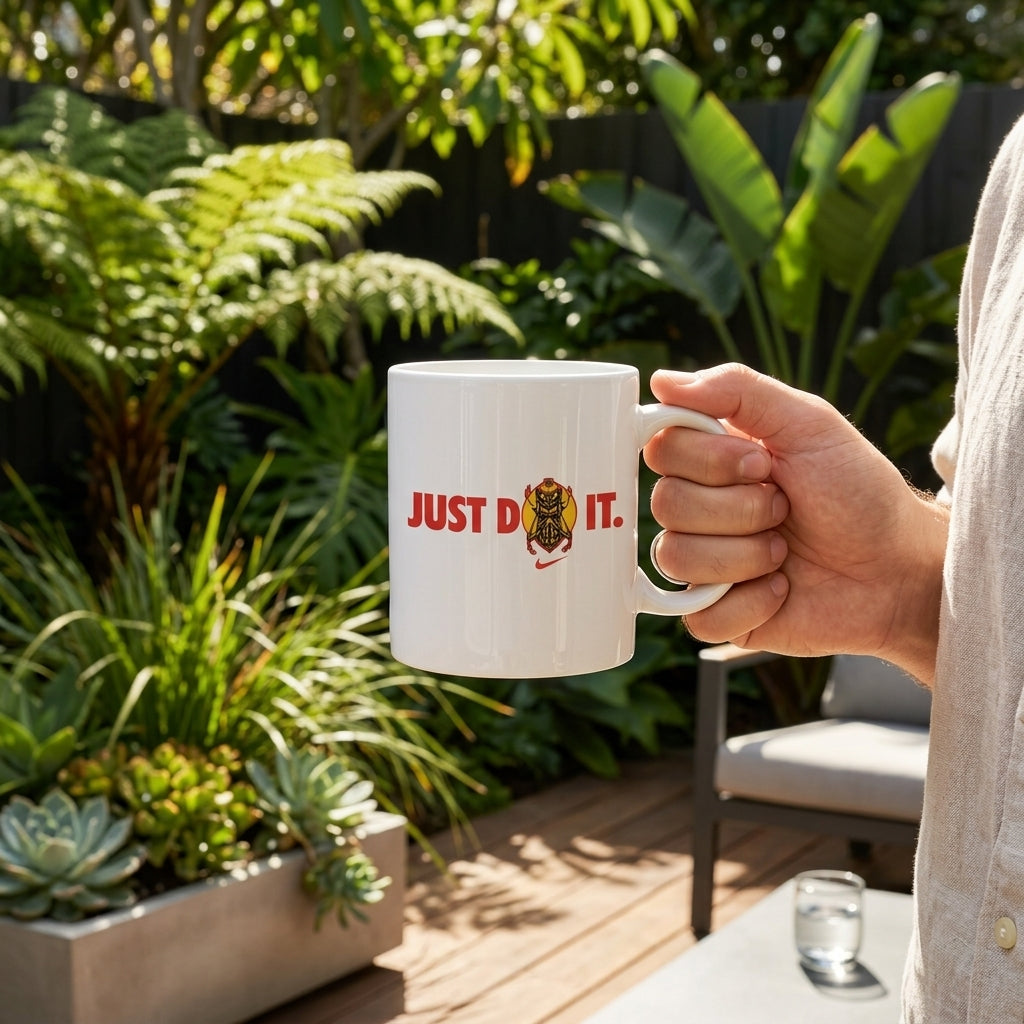 Just Do It Insect Beetle Parody Graphic White Ceramic Mug - Fun Streetwear Inspired Coffee Cup (11oz)