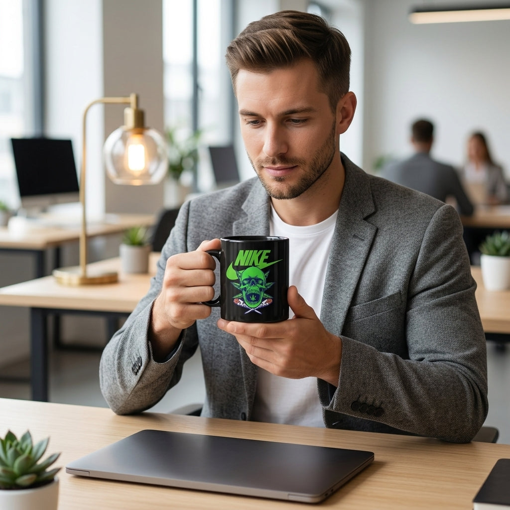 Neon Green Skull Cannabis Leaf Nike Parody Black Ceramic Mug - Edgy Trippy Streetwear Coffee Cup (11oz)