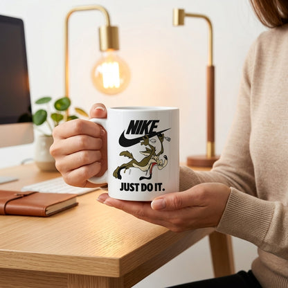 Wile E. Coyote Nike Parody "Just Do It" White Ceramic Mug - Retro Cartoon Funny Streetwear Coffee Cup (11oz)