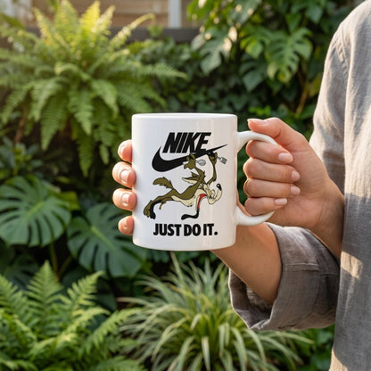 Wile E. Coyote Nike Parody "Just Do It" White Ceramic Mug - Retro Cartoon Funny Streetwear Coffee Cup (11oz)