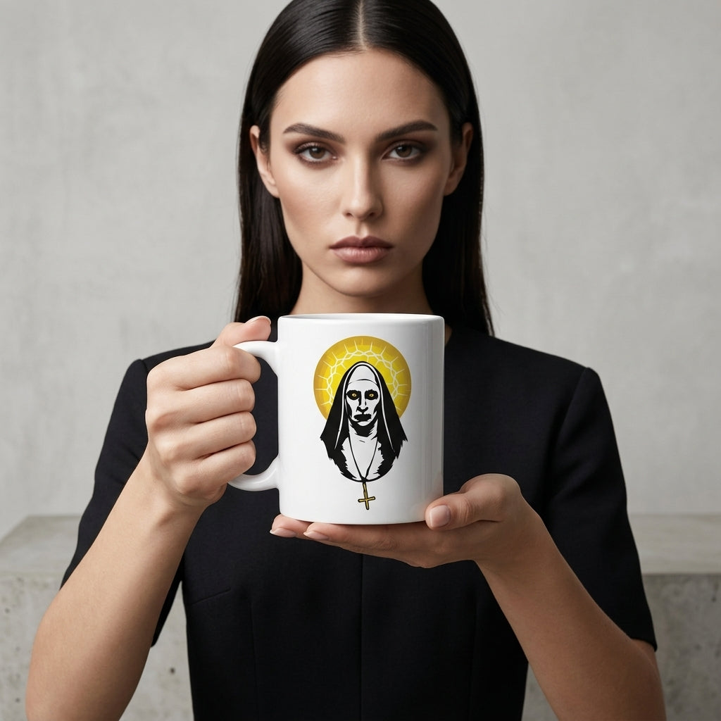 The Nun Valak Spooky Golden Halo Graphic White Ceramic Mug - Creepy Conjuring Horror Movie Coffee Cup (11oz)