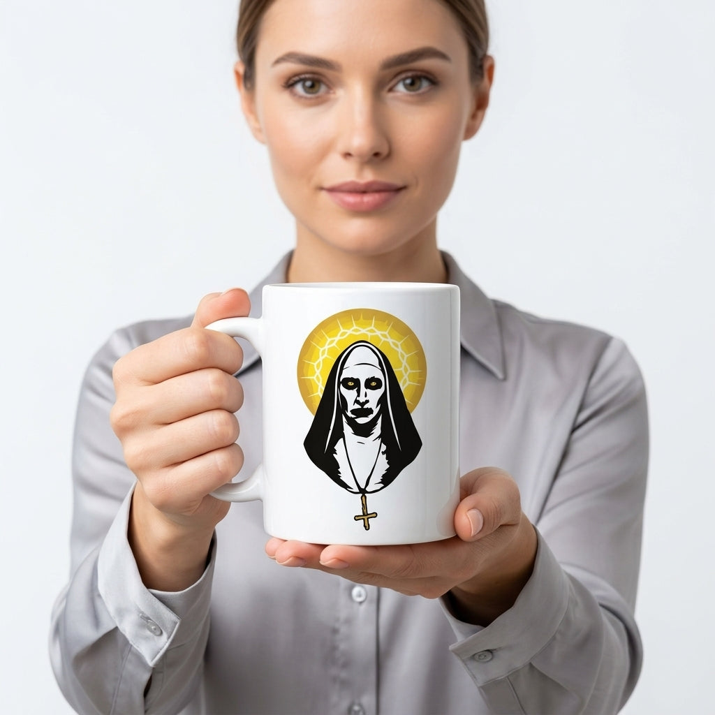 The Nun Valak Spooky Golden Halo Graphic White Ceramic Mug - Creepy Conjuring Horror Movie Coffee Cup (11oz)