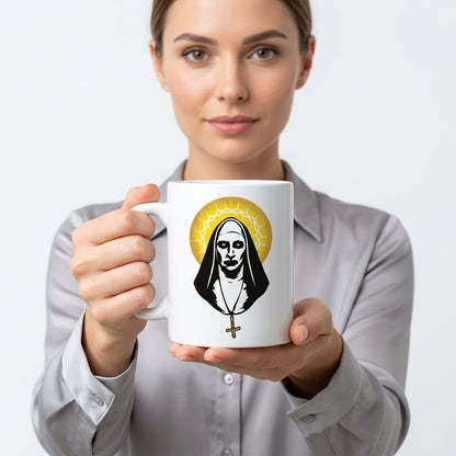 The Nun Valak Spooky Golden Halo Graphic White Ceramic Mug - Creepy Conjuring Horror Movie Coffee Cup (11oz)