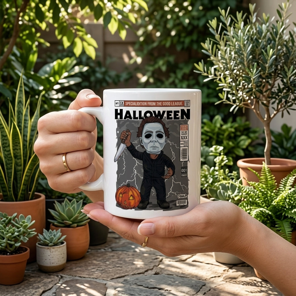 Michael Myers Comic Book Cover Special Edition Halloween Graphic White Ceramic Mug - Spooky Slasher Coffee Cup (11oz)