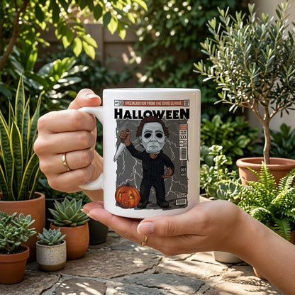 Michael Myers Comic Book Cover Special Edition Halloween Graphic White Ceramic Mug - Spooky Slasher Coffee Cup (11oz)