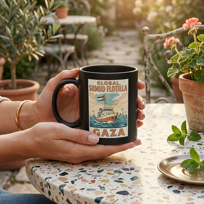 Global Sumud Flotilla Gaza Vintage Poster Artwork Black Ceramic Coffee Mug - Meaningful Solidarity Graphic Drinkware Cup (11oz)