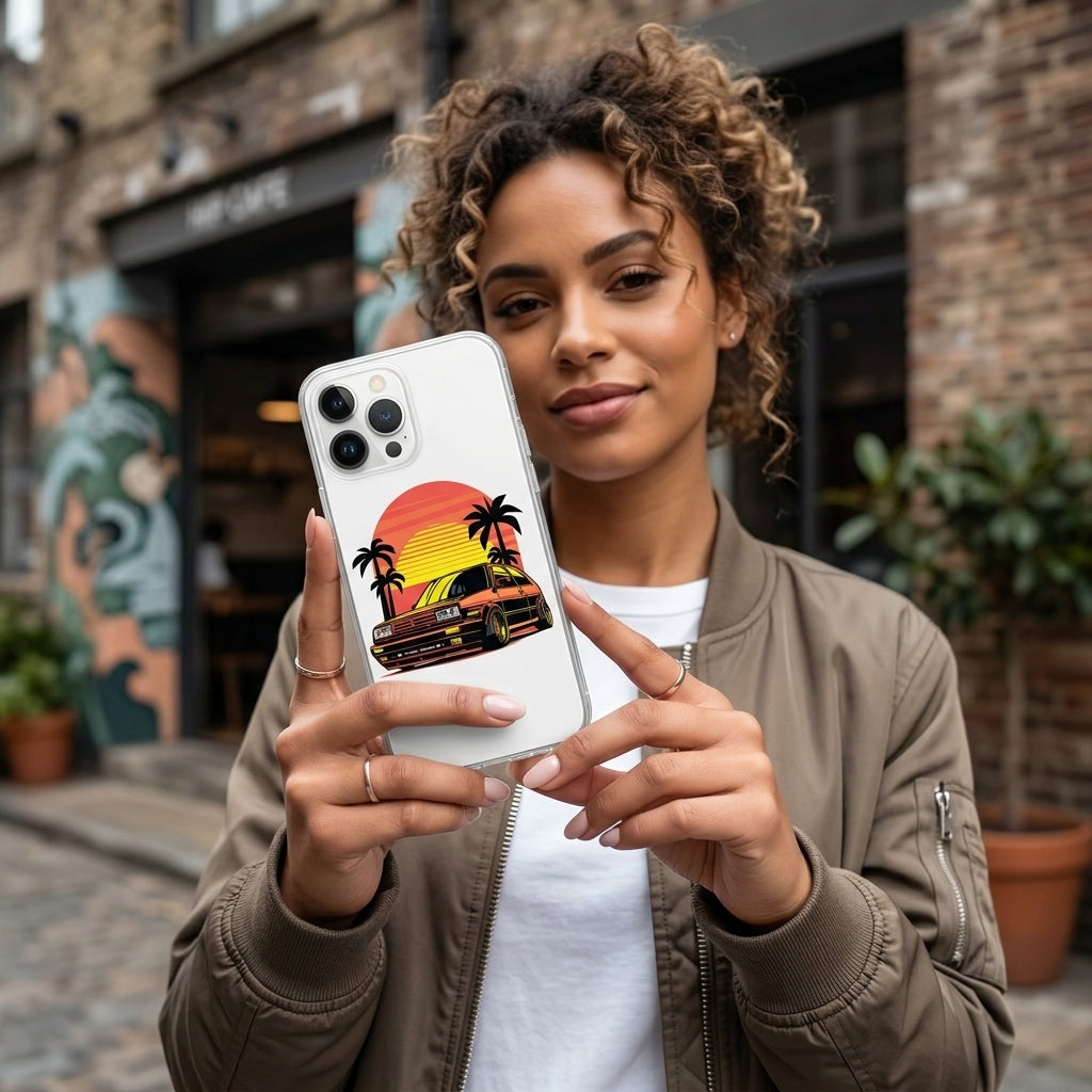Retro Car Sunset Graphic Matte White iPhone Case