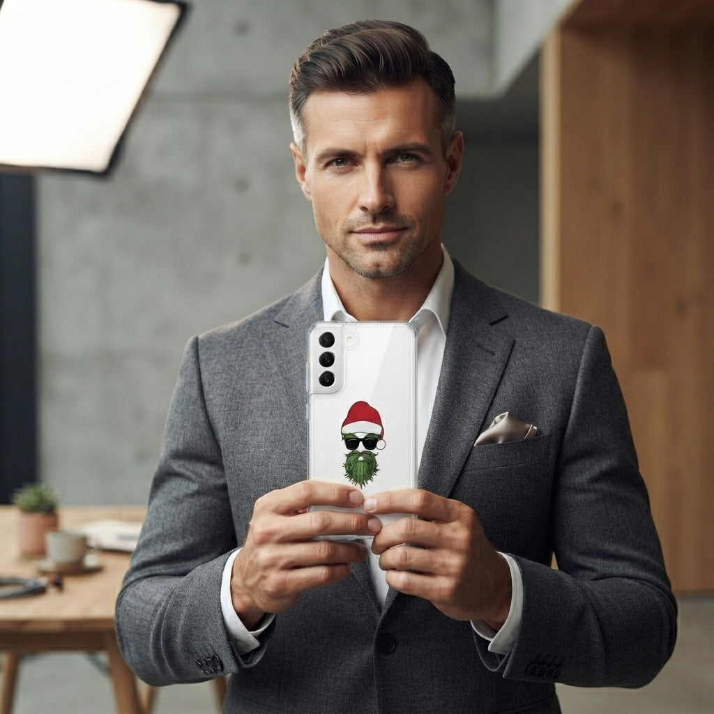 Cool Green Santa with Sunglasses Graphic Designer Clear Case - Festive Holiday Transparent Phone Cover