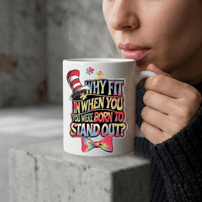 Autism Awareness Mug – "Why Fit In When You Were Born to Stand Out" Funny Coffee Mug, Inspirational Puzzle Piece Gift, 11oz Ceramic Cup