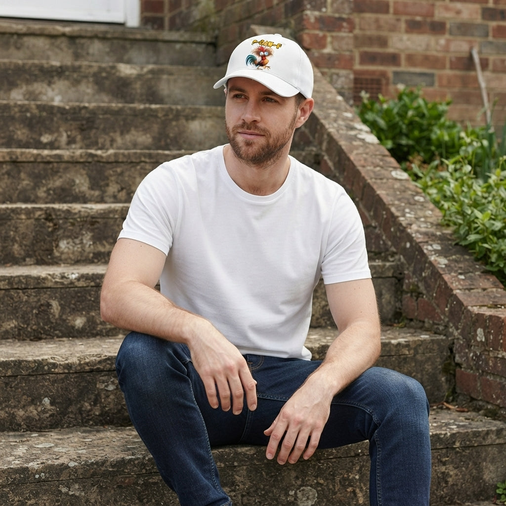F-CAW-F Crazy Rooster Graphic Baseball Cap - Funny Animal Meme Cap (White & black)