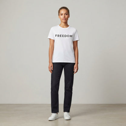 FREEDOM Minimalist Statement Typography Graphic T-Shirt - Premium Soft Cotton Crew Neck Tee in White & Blue