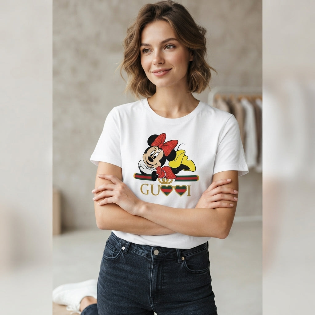 Cute Lying Minnie Mouse in Red Polka Dot Bow Graphic T-Shirt - Unisex Premium Cotton Streetwear Tee (White, Blue | XS to 4XL)
