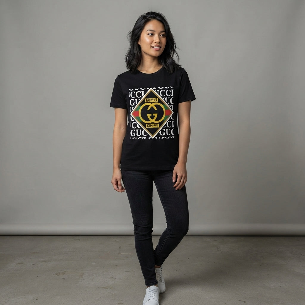 Diamond Interlocking GG Monogram Logo Graphic T-Shirt - Black & Blue Unisex Premium Cotton Fashion Parody Streetwear Tee (XS to 4XL)