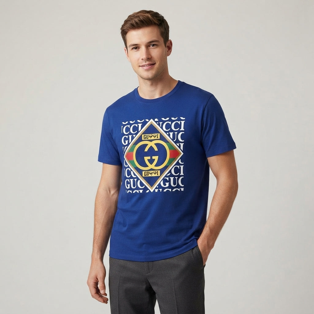 Diamond Interlocking GG Monogram Logo Graphic T-Shirt - Black & Blue Unisex Premium Cotton Fashion Parody Streetwear Tee (XS to 4XL)