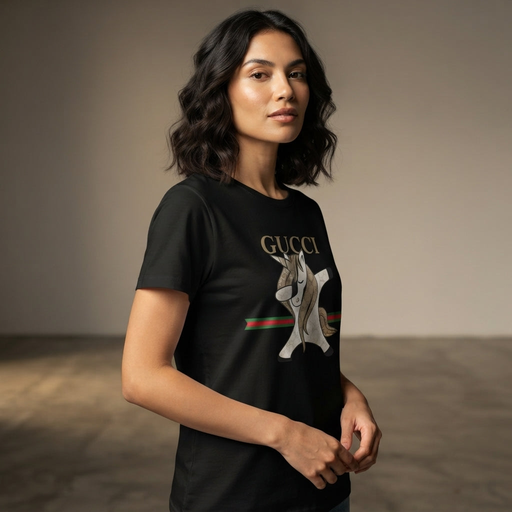 Dabbing Unicorn in Luxury Monogram Mane Graphic T-Shirt - Unisex Premium Cotton Streetwear Tee (Black, White, Blue | XS to 4XL)
