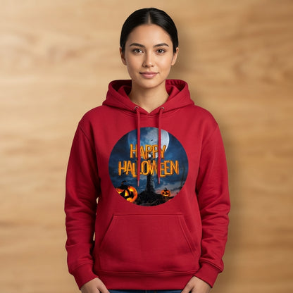 Happy Halloween Full Moon Graveyard Pumpkin Graphic Pullover Hoodie