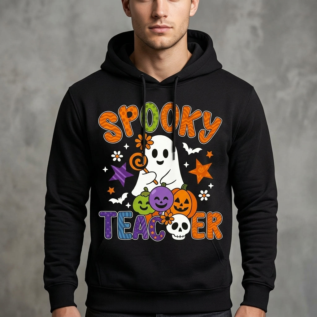 Spooky Teacher Ghost Pumpkins Retro Halloween Graphic Pullover Hoodie