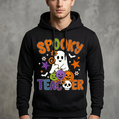 Spooky Teacher Ghost Pumpkins Retro Halloween Graphic Pullover Hoodie