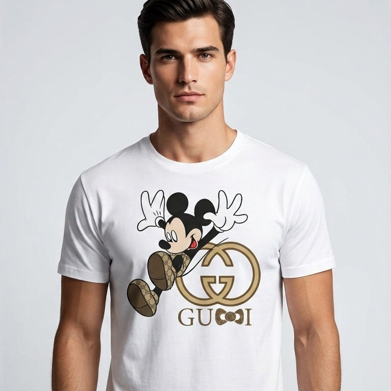 Jumping Mickey Mouse in Monogram Shoes Graphic T-Shirt - Blue & White Unisex Cotton Fashion Parody Streetwear Tee