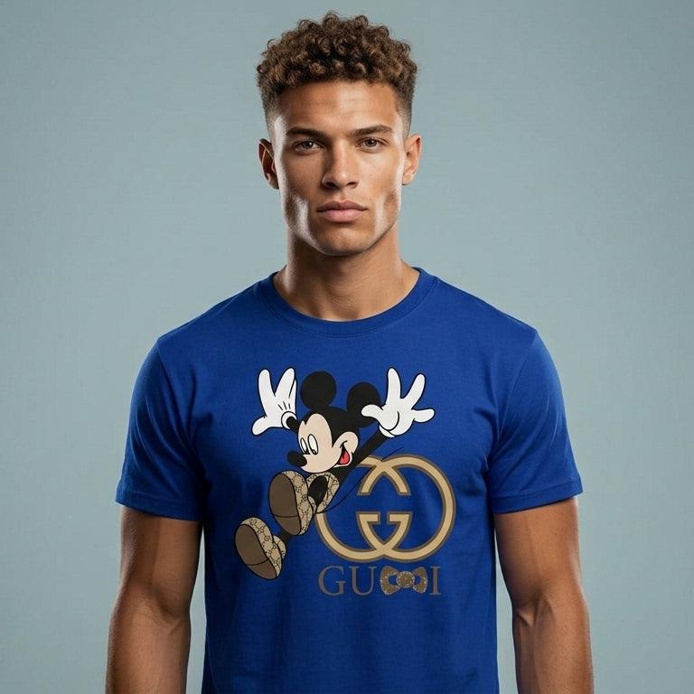 Jumping Mickey Mouse in Monogram Shoes Graphic T-Shirt - Blue & White Unisex Cotton Fashion Parody Streetwear Tee