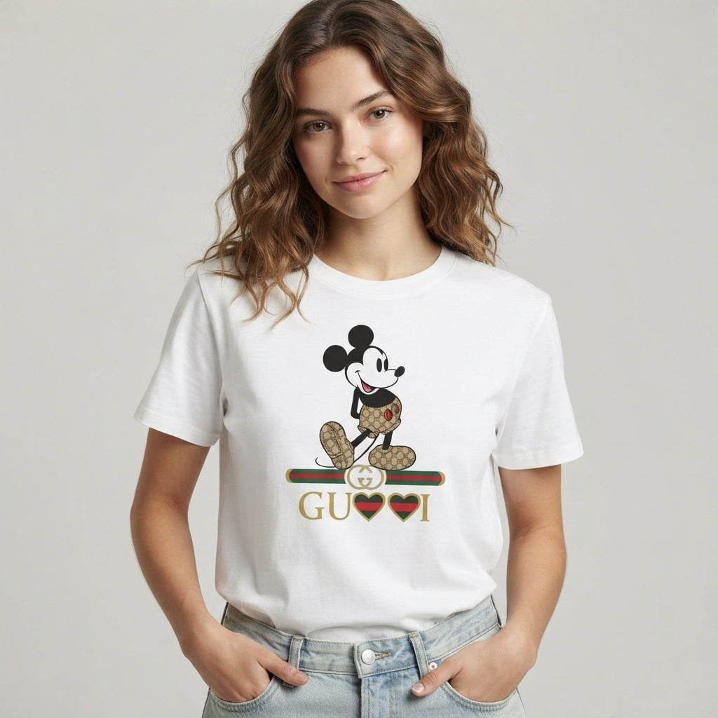 Classic Mickey Mouse in Monogram Shorts Graphic T-Shirt - White & Blue Unisex Premium Cotton Streetwear Tee (XS to 4XL)