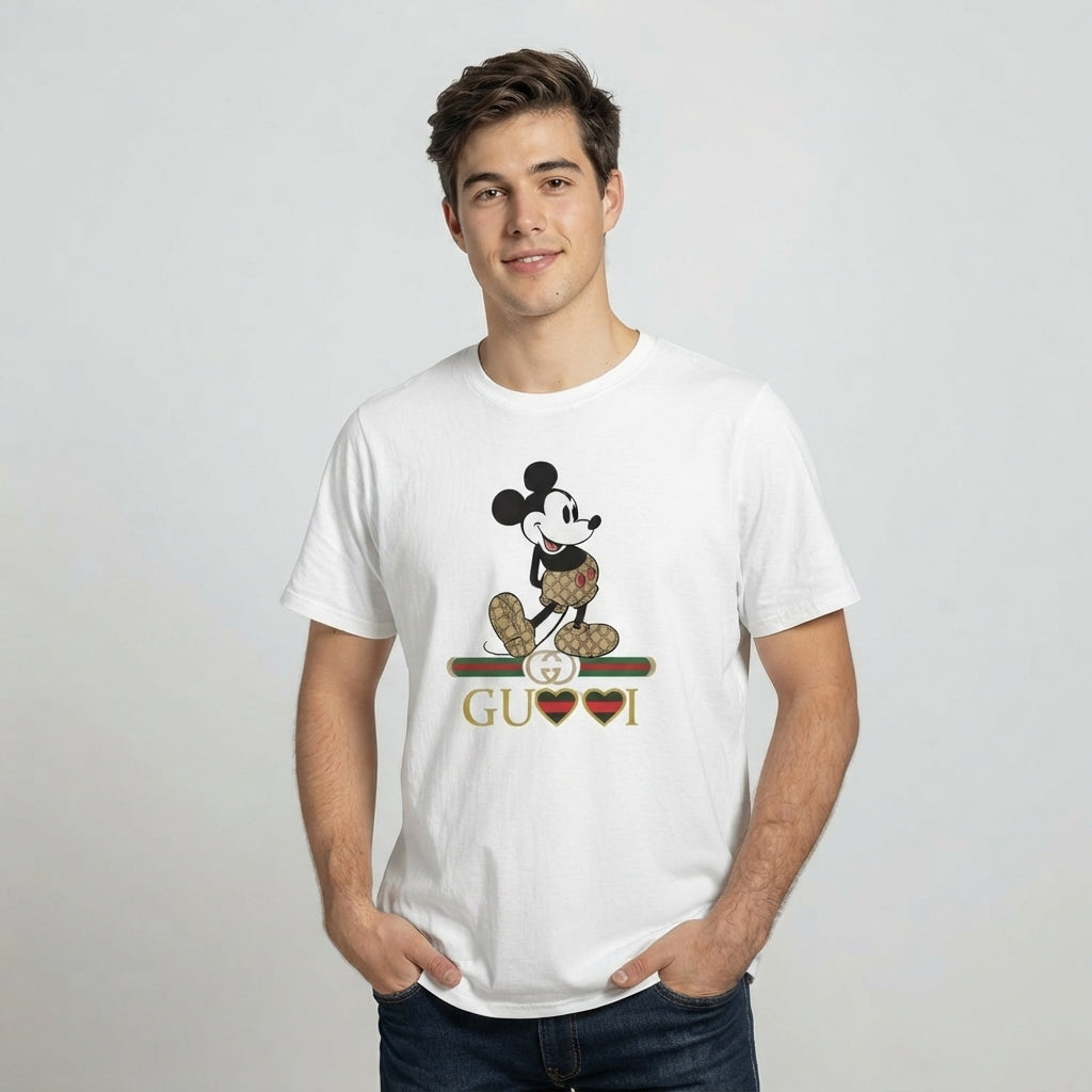 Classic Mickey Mouse in Monogram Shorts Graphic T-Shirt - White & Blue Unisex Premium Cotton Streetwear Tee (XS to 4XL)