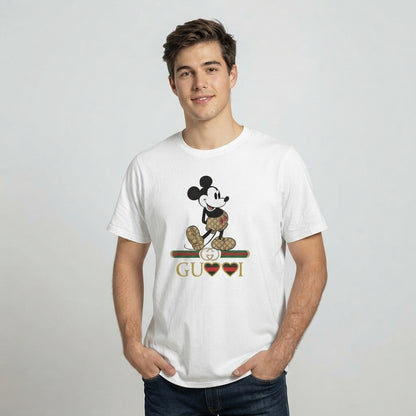 Classic Mickey Mouse in Monogram Shorts Graphic T-Shirt - White & Blue Unisex Premium Cotton Streetwear Tee (XS to 4XL)