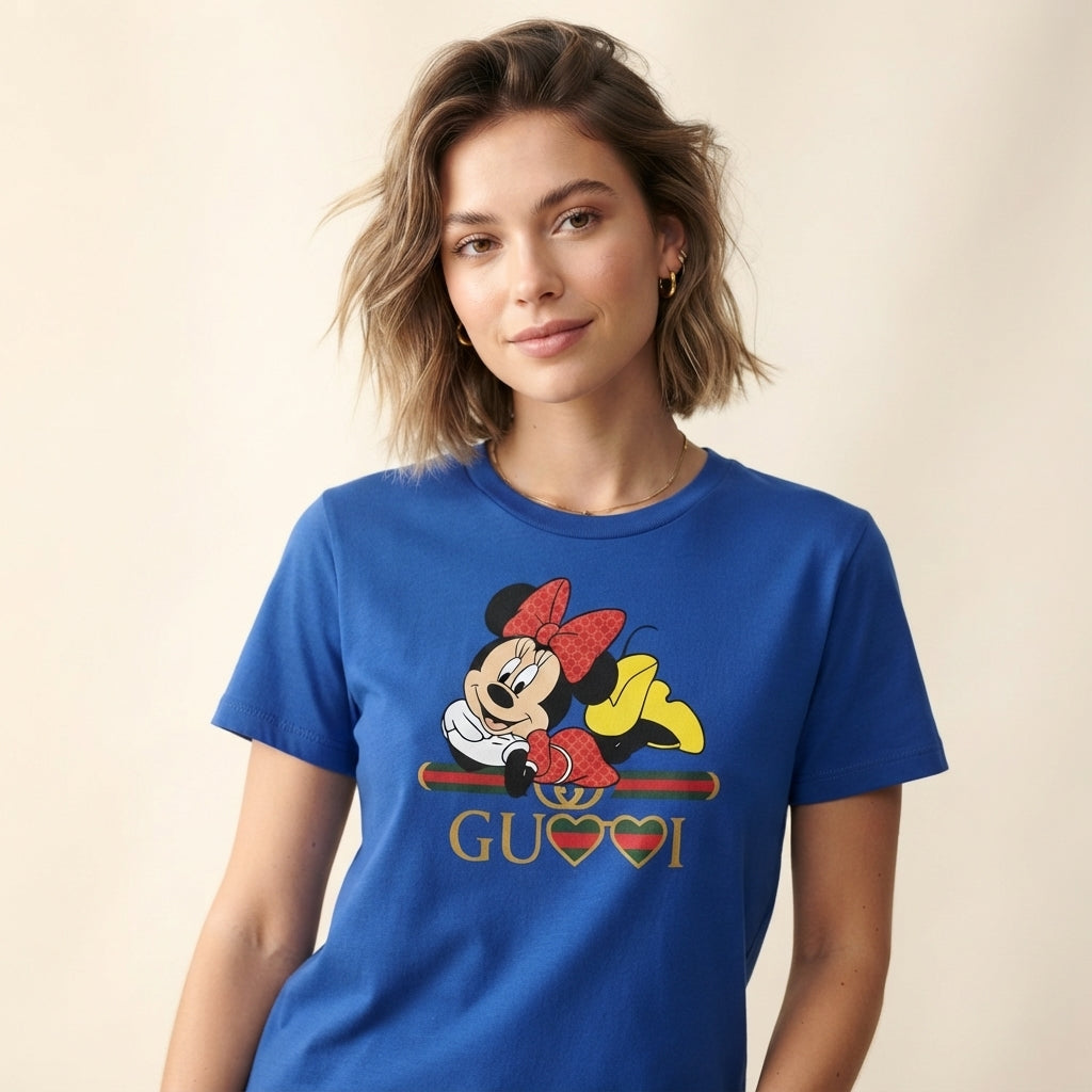 Cute Lying Minnie Mouse in Red Polka Dot Bow Graphic T-Shirt - Unisex Premium Cotton Streetwear Tee (White, Blue | XS to 4XL)