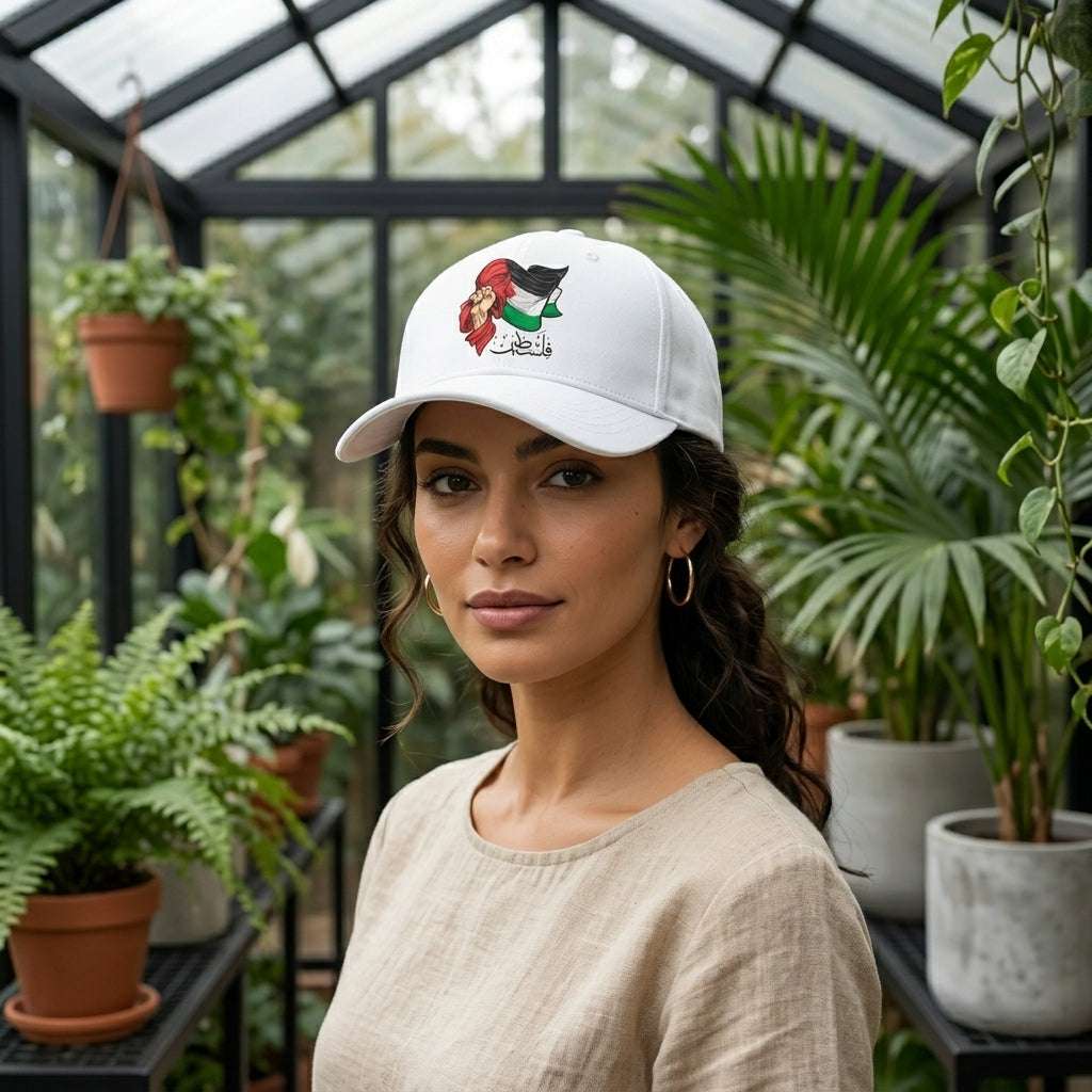 Palestine Flag & Fist Graphic Baseball Cap - Arabic Calligraphy Cap (White)