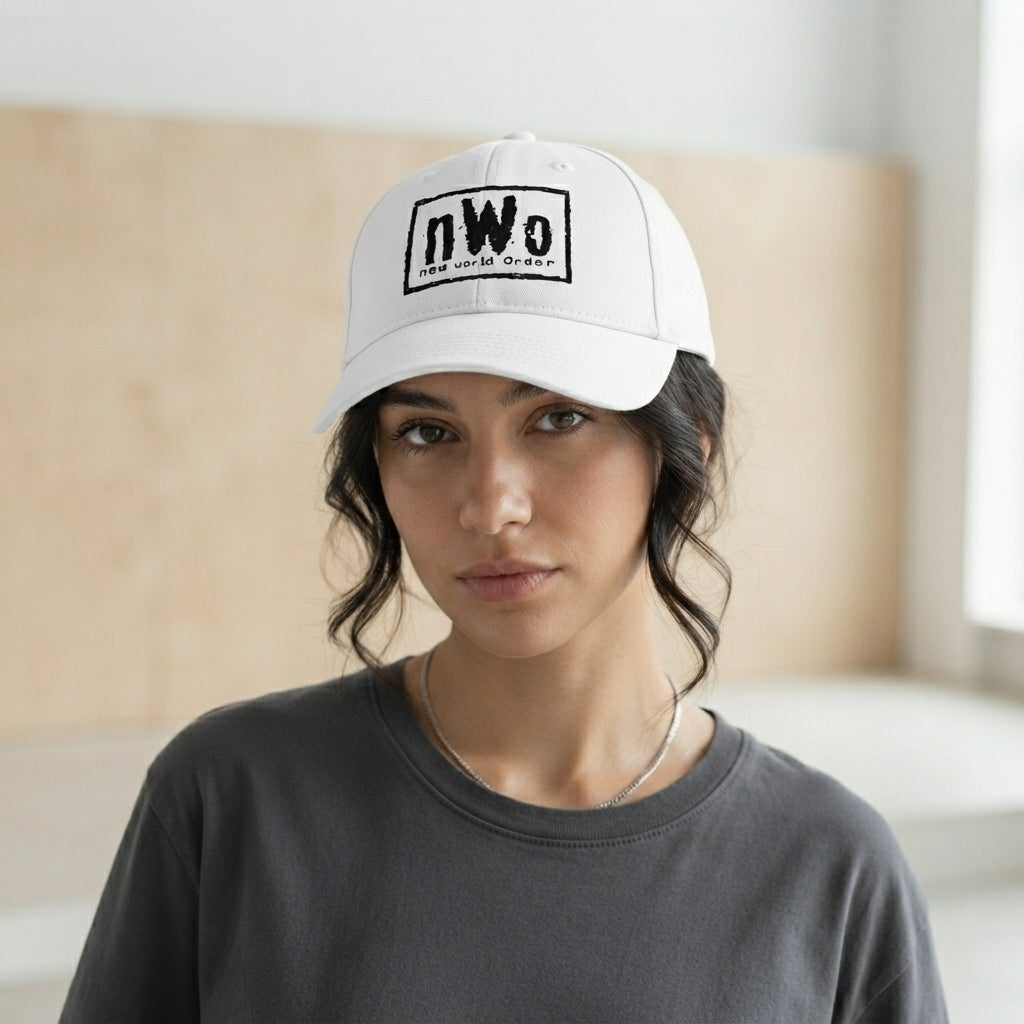 nWo New World Order Box Logo Graphic Baseball Cap - Wrestling Retro Cap (White)