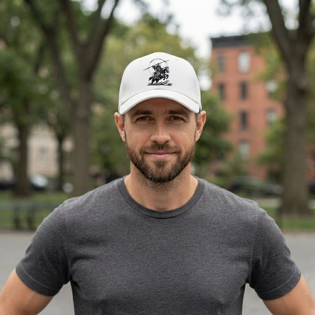 Japanese Samurai Horseback Warrior Graphic Baseball Cap - Martial Arts Culture Cap (White)