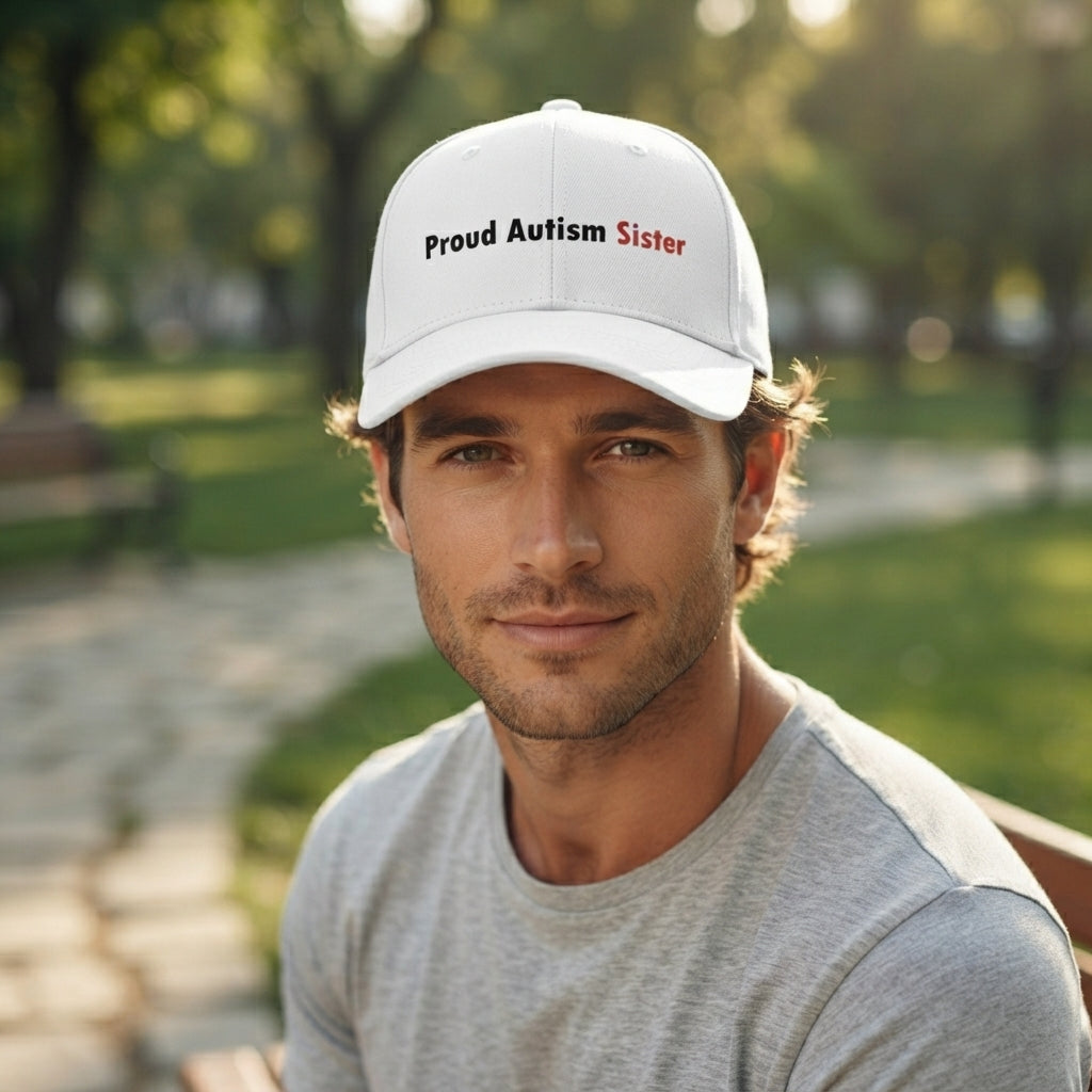 Autism Awareness Sibling Quote Graphic Baseball Cap - Proud Brother & Sister Support Cap (White)