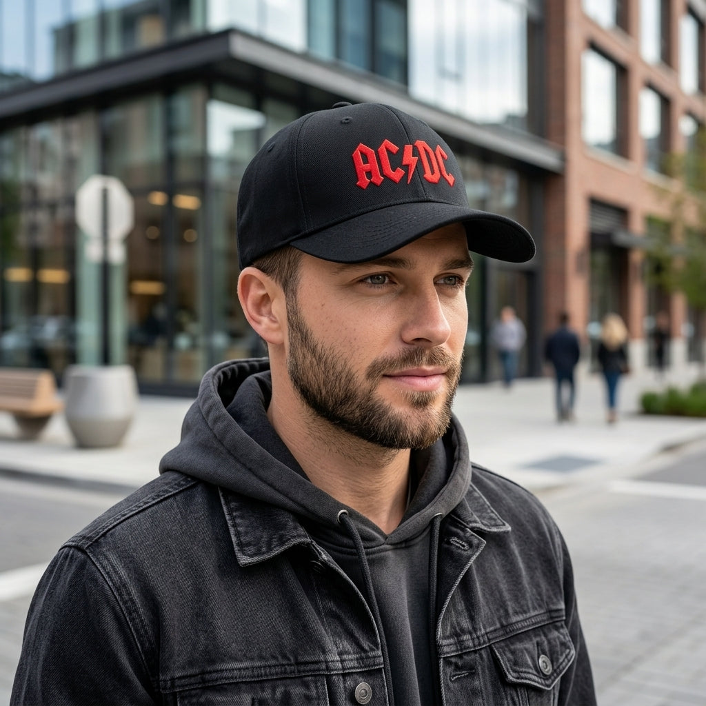 AC/DC Classic Red Logo Graphic Baseball Cap - Heavy Metal Rock Band Cap (Black & White)