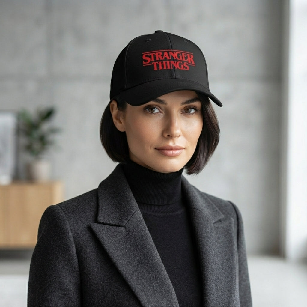 Stranger Things Red Title Logo Graphic Baseball Cap - TV Show Sci-Fi Cap (White & Black)