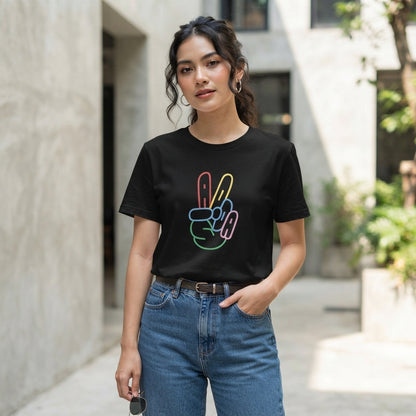 Colorful Neon Peace Sign Hand Graphic T-Shirt - Vibrant ADA Typography Cotton Crew Neck Tee in Black & White