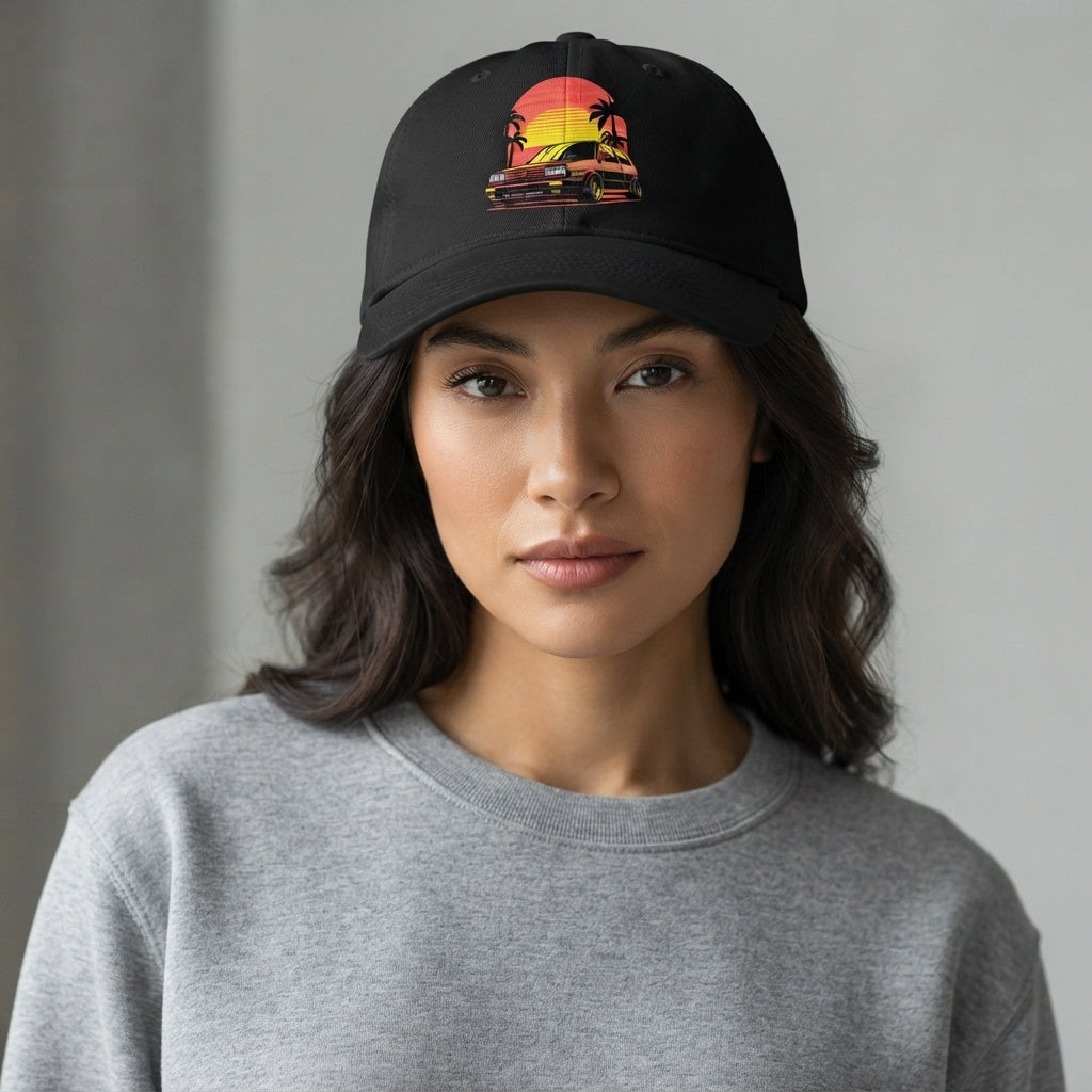 Retro Synthwave Sunset Car Graphic Baseball Cap - Vintage Japanese JDM / Euro Tuner Cap (White & Black)