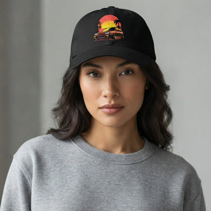 Retro Synthwave Sunset Car Graphic Baseball Cap - Vintage Japanese JDM / Euro Tuner Cap (White & Black)