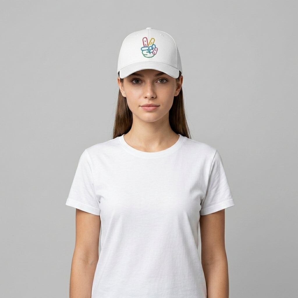 Neon Peace Hand Sign Graphic Baseball Cap - Minimalist Victory Sign Cap (Black & White)