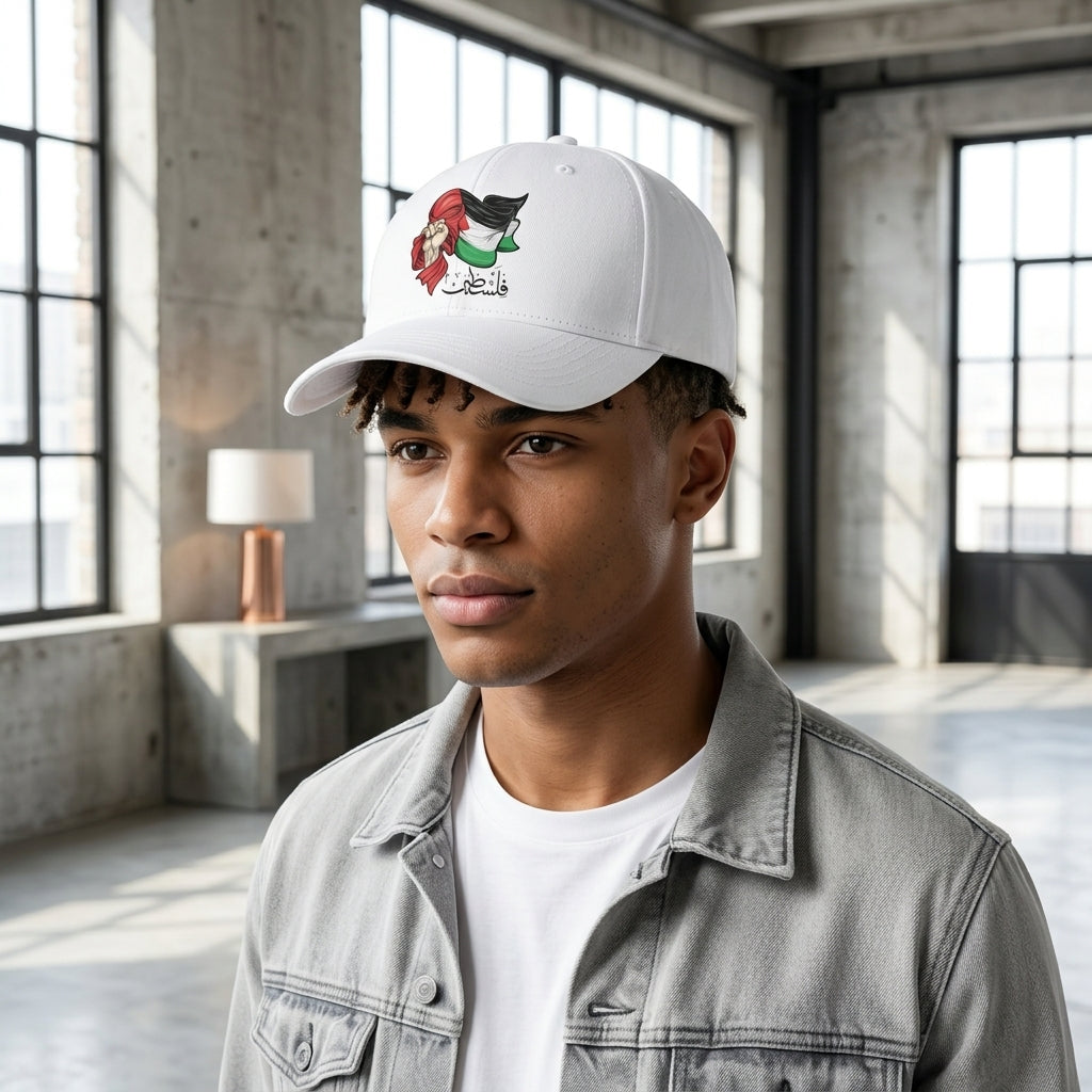 Palestine Flag & Fist Graphic Baseball Cap - Arabic Calligraphy Cap (White)